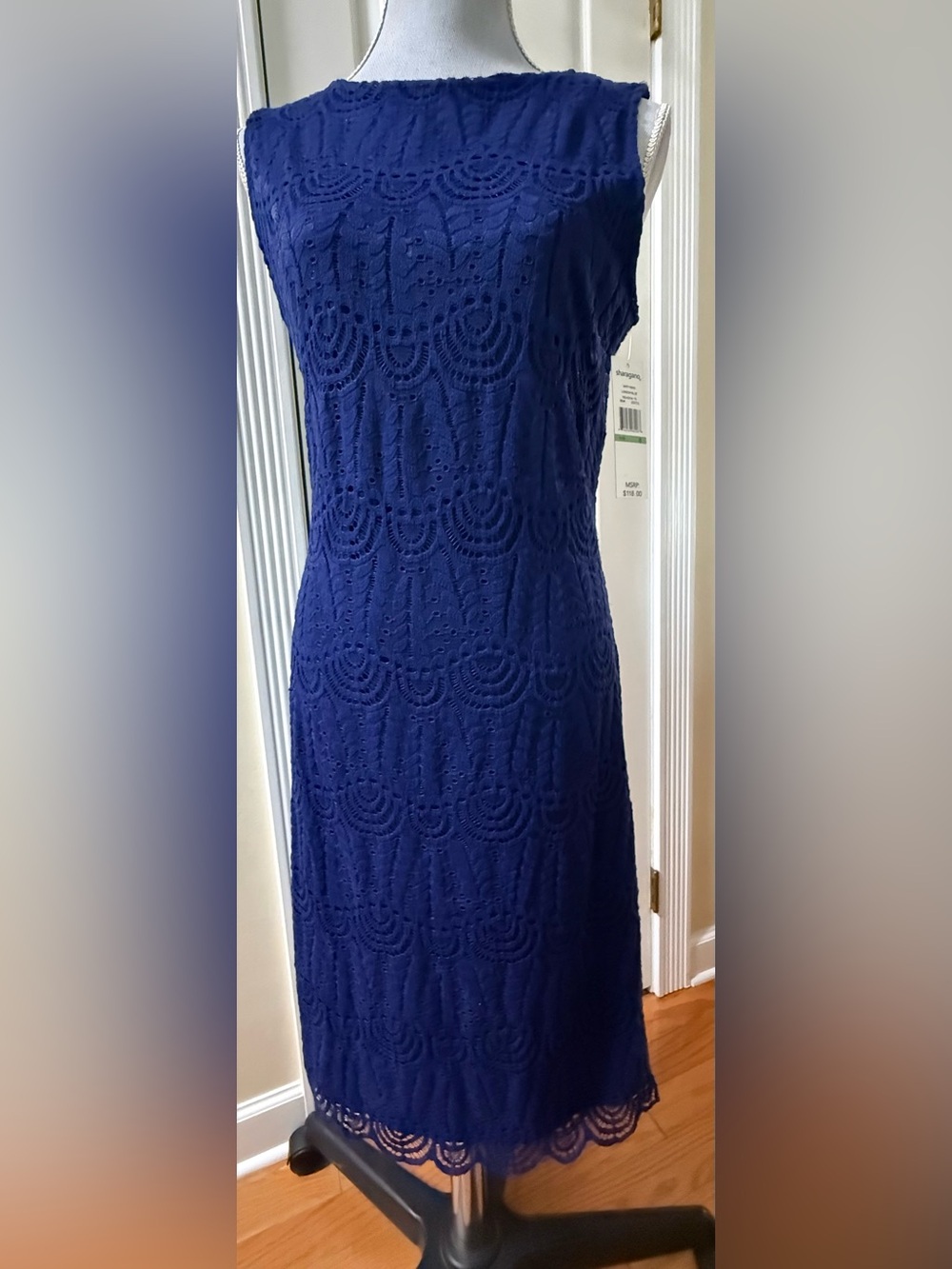 Sharagano Royal Blue Eyelet Lace Sheath Dress